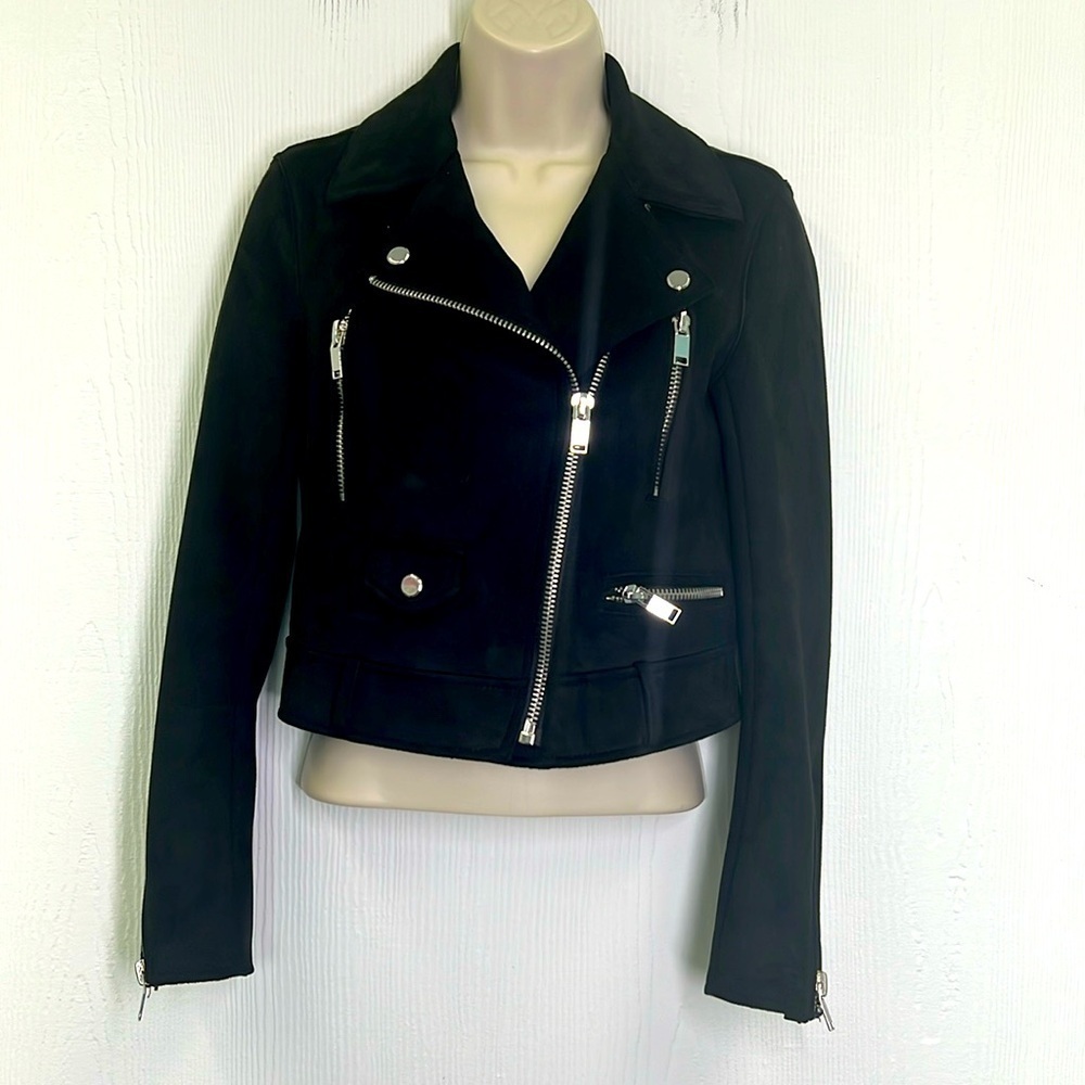 Zara - Black Faux Suede Cropped Moto Biker Long Sleeve Zipper Jacket Size XS
